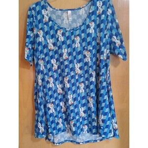 LuLaRoe Disney LG PERFECT TEE Olaf FROZEN Snowman Bright BLUE Chevron *RARE*